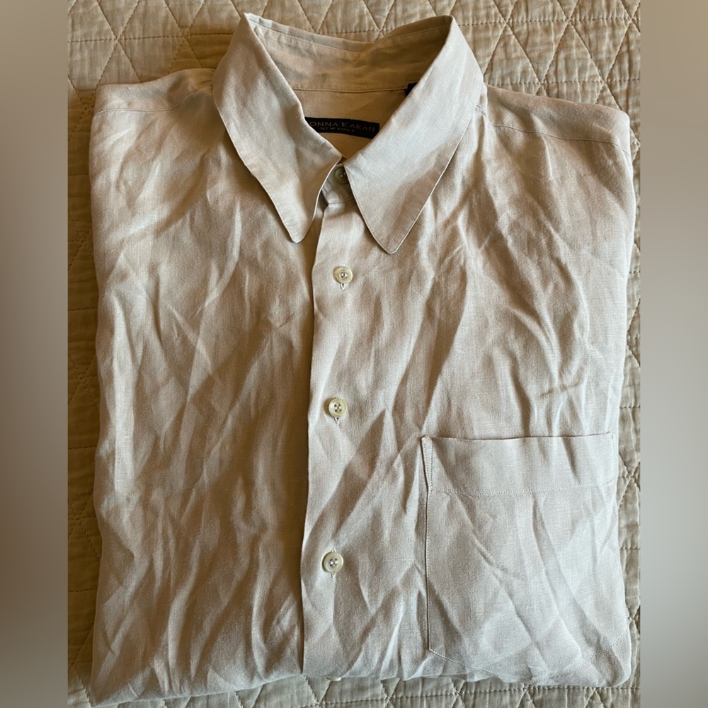 DONNA KARAN NEW YORK Made in Italy Vintage Linen Shirt‎ in Light Khaki Size XL